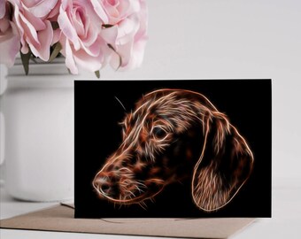 Chocolate Dachshund Greeting Card with Stunning Fractal Art Design. Blank Inside for Birthdays or any other Occasion