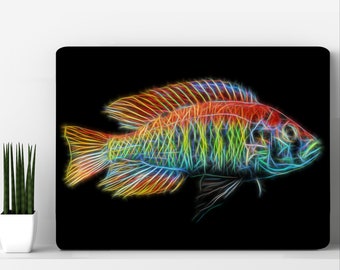 Flameback Cichlid Metal Wall Plaque with Stunning Fractal Art Design.  Pundamilia Nyererei