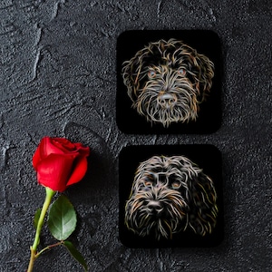 Black Labradoodle Coasters, Set of 2, with Stunning Fractal Art Design
