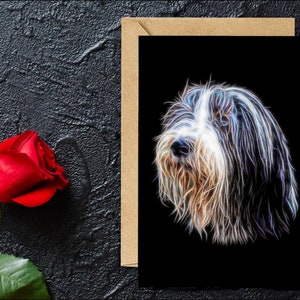 Carte de vœux Bearded Collie avec un superbe design d’art fractal. Vierge à l’intérieur pour les anniversaires ou toute autre occasion