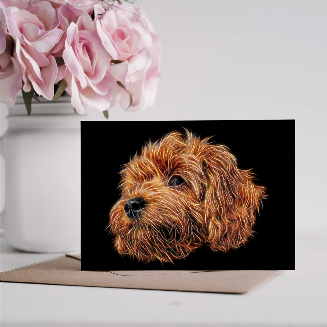 Red Cavapoo Greeting Card With Stunning Fractal Art Design. Blank ...