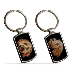 May include: Two silver keychains with black rectangular tags featuring a line art image of a brown dog's head on each tag.