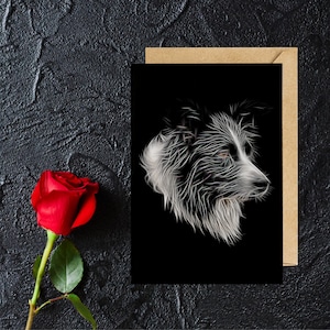 Biglietto di auguri Border Collie con straordinario design artistico frattale. Blank Inside per compleanni o qualsiasi altra occasione