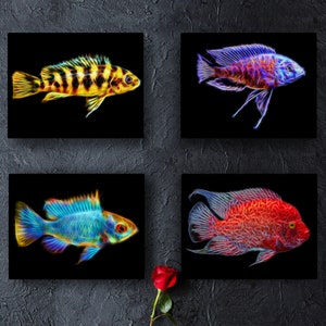 Plaque murale en métal en aluminium Cichlid avec un superbe design artistique fractal.