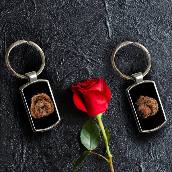 Porte-clés Labradoodle rouge avec un superbe design artistique fractal. Un cadeau parfait pour les amateurs de griffonnages.