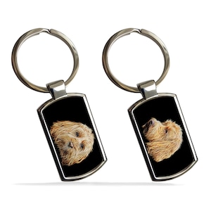 May include: Two silver keychains with black rectangular tags featuring a stylized image of a golden brown dog with a white background.