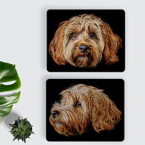 May include: Two digital art prints of a brown and white dog with a black background. The dog's fur is depicted with glowing lines of light.
