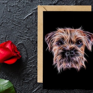 Carte de vœux Border Terrier avec un superbe design d’art fractal. Vierge à l’intérieur pour les anniversaires ou toute autre occasion