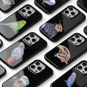 Fågeltelefonskal med fantastisk fraktalkonstdesign. För Samsung eller iPhone. Designer inkluderar papegoja, undulat, hök, fink, örn, nymfparakit och mer.