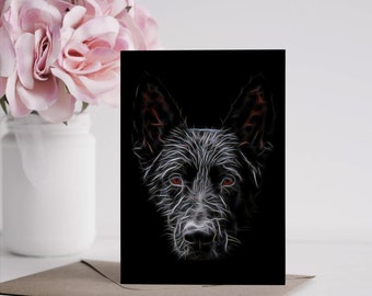 Schwarzer Schäferhund Grußkarte mit atemberaubendem Fraktal Kunst Design. Innen leer für Geburtstage oder andere Anlässe