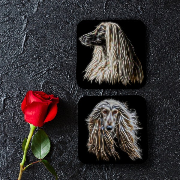 Afghan Hound Coasters, Set of 2, with Stunning Fractal Art Design.