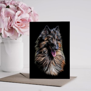 Carte de voeux de berger belge de Tervuren belge avec un superbe design artistique fractal. Intérieur vierge pour les anniversaires ou toute autre occasion