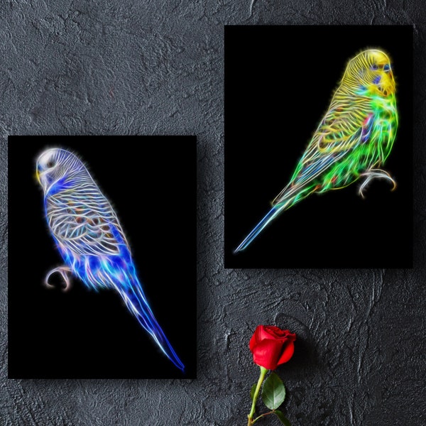 Budgie Print with Stunning Fractal Art Design. Blue or Green Budgerigar available.