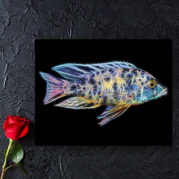 Yellow OB Peacock Cichlid Fish Print with Stunning Fractal Art Design. Aulonocara