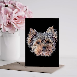 Carte de voeux du Yorkshire Terrier avec un superbe design artistique fractal. Intérieur vierge pour les anniversaires ou toute autre occasion