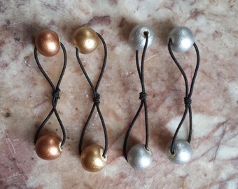 10mm Wood Metalic Gold, Silver, or Copper Twin Bead Elastic Hair Tie