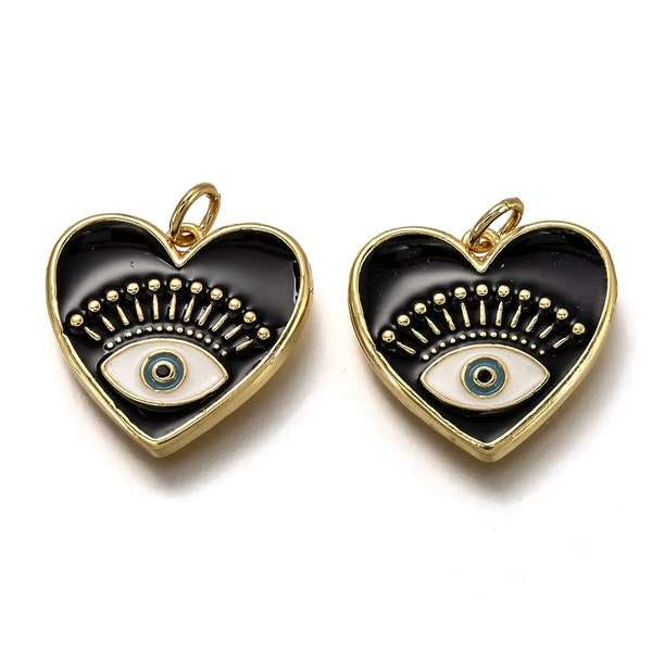 18K Gold Plated Heart Pendant, Enamel Evil Eye Pendant, Enamel Heart Pendant, Black Heart with Evil Eye Pendant, ONE Pendant