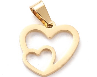 Ciondoli in acciaio inossidabile 304 di San Valentino, taglio laser, cavo, cuore con cuore, dorato