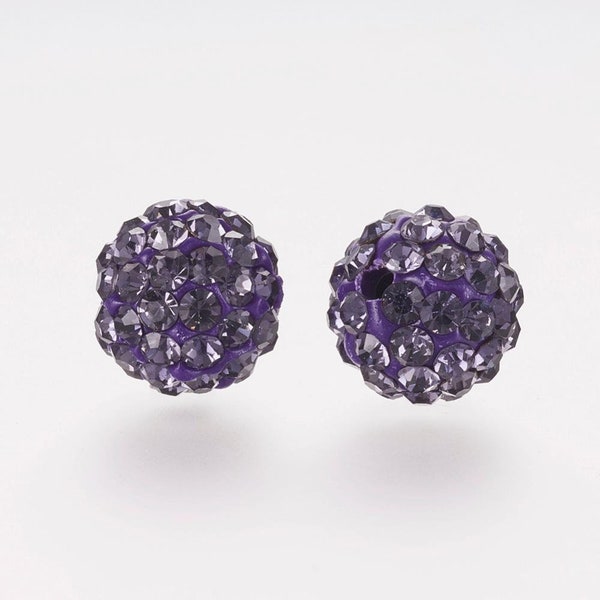 5 pcs - Purple Disco Ball Beads, Polymer Clay Rhinestone Beads