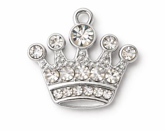 2 pcs Silver Rhinestone Crown Charm: Zinc Alloy (21mm)