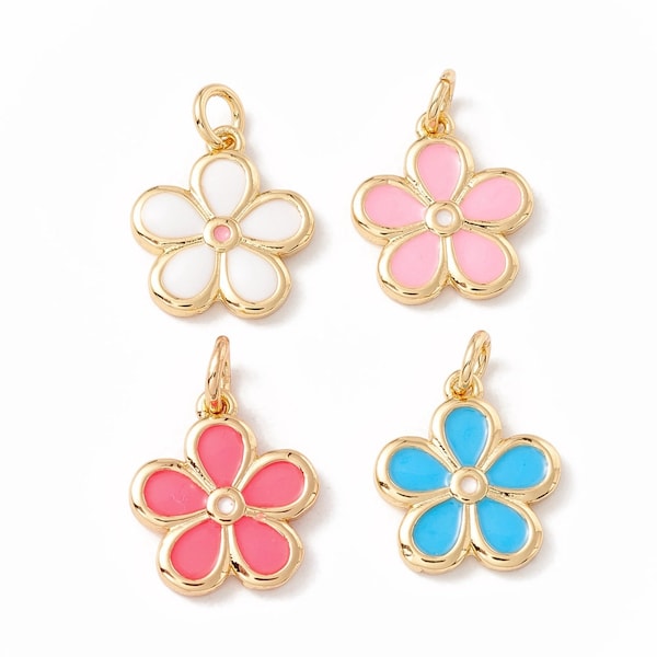 18K Gold Plated Flower Charms with Enamel, with Jump Rings, Colorful Enamel Charms, Enamel Flower Charms - ONE Piece