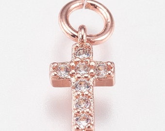 Tiny Cross Charm, Brass and Cubic Zirconia Charms, Rose Gold