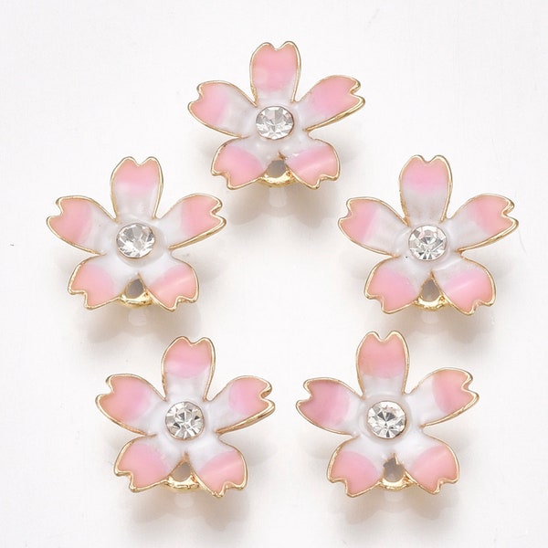 5 pcs Sakura Flower Charm, Enamel Sakura Flower, Cherry Blossom Flower, Pink Flower Charm, Enamel Rhinestone Cherry Blossom, Japanese Sakura