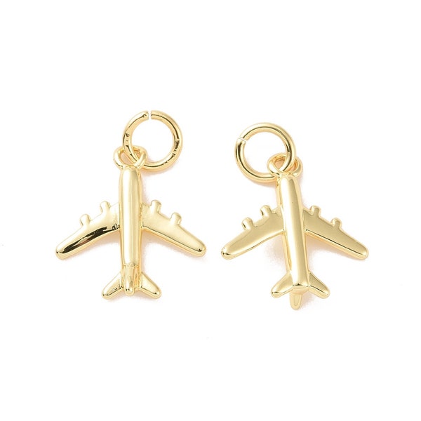 2 pcs - 18K Gold Plated Airplane Charm, Plane Charm with Jump Ring, Long-Lasting Plated, Flight Attendant DIY Jewelry , Gold Plane Charm