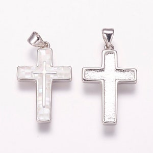 1pcs Cross, Platinum, Shell Pendants, with Brass Findings,