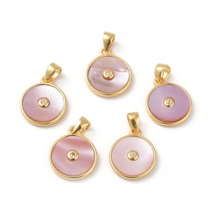 Pink Shell Charms, Real 24K Gold Plated Brass Charms, Long Lasting Jewelry Supplies, Round Shell Pendants