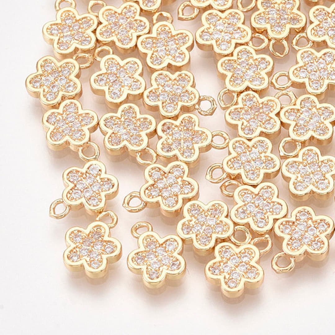 4 Pcs - 18K Gold Plated Cubic Zirconia Flower Charm, Gold