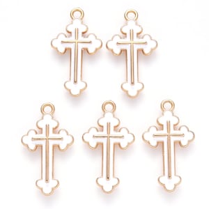 5 pcs - Alloy Enamel Pendants, Cross Pendant, White & Gold Cross