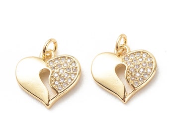 2pcs - 18K Gold Plated Heart Charms, Heart with Jump Ring, Jewelry Making Heart Charm, CZ Heart Pendant