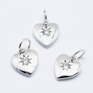 2 pcs - Silver Heart Charms, Real Platinum Plated, Cubic Zirconia Heart Charm, Dainty Heart Pendant