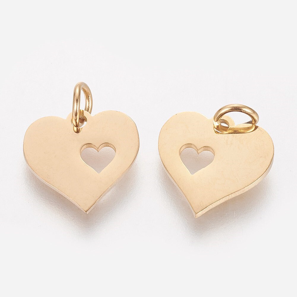 2 Pcs Stainless Steel Heart Gold Heart Charm - Etsy