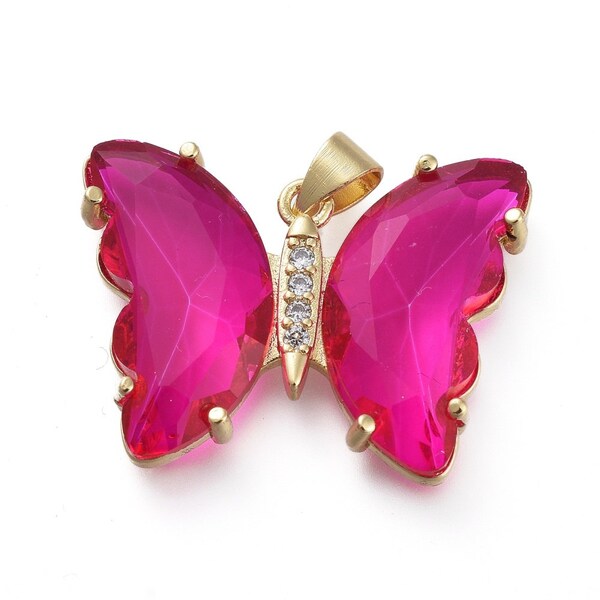 Glass Butterfly Pendant, Fuchsia Butterfly Pendant, Cubic Zirconia Pendants, Large Butterfly Pendant, Hot Pink Butterfly