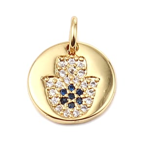 Gold Plated Round Hamsa Symbol Hand, Micro Pave Clear & Blue Rhinestone