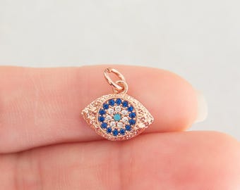 ROSE GOLD Evil Eye Charm, Hand-set Cubic Zirconia Rhinestones
