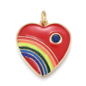 18K Gold Plated, Heart with Rainbow, Red Heart Pendant, Big Red Heart Pendant