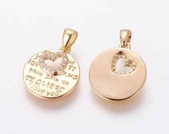 18K Gold Plated Heart Charm, Flat Round Charm With Heart, Nickel Free, Round Love Charm, Love Jewelry, Love Words Charm, Love Message