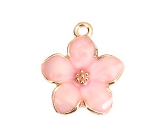 5 pcs- pink flower charm, gold plated pink charm, gold plated pink enamel flower