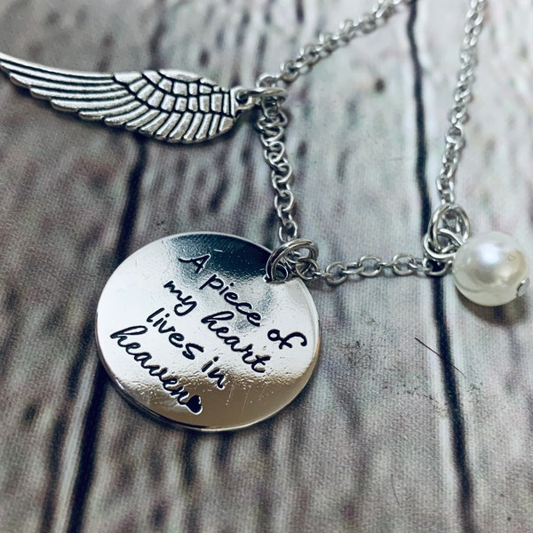 A Piece of My Heart Lives In Heaven - Charm Remembrance/Memorial Necklace - Wing & Pearl