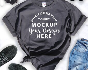 Download Anvil Classic Jersey T Shirt Mockup Photography Flatlay Mockup Charcoal T Shirt Mockup Best Free Website Mockup PSD Mockup Templates