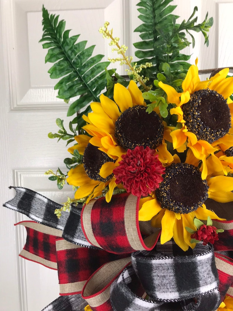 Buffalo Plaid Sunflower Wreath Sunflower Decor Summer Wreath Fall Front Door Decor Sunflower Tobacco Basket Farmhouse Sunflower Decor
