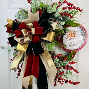 Santa Christmas Wreath: Red Berries, Gold Bow, Grapevine Base