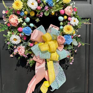 Handcrafted Easter Egg Wreath: Pastel Wildflowers & Bow