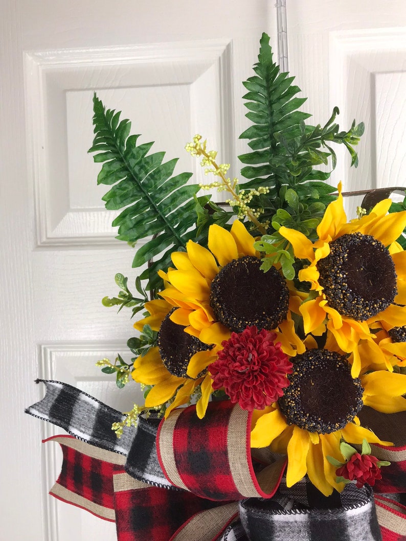 Buffalo Plaid Sunflower Wreath Sunflower Decor Summer Wreath Fall Front Door Decor Sunflower Tobacco Basket Farmhouse Sunflower Decor