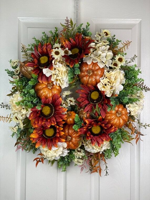 Fall Pumpkin Hydrangea Wreath – Autumn Front Door Decor, Harvest Sunflowers