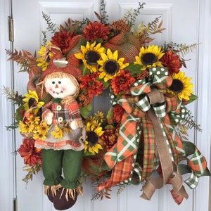 Corona de otoño, decoración de puerta de entrada de otoño, decoración de espantapájaros, corona de espantapájaros