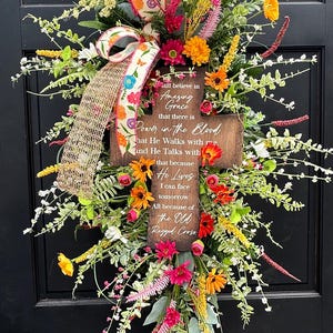 Floral Cross Swag: Religious front door swag, Christian Sring and Summer Door Decor